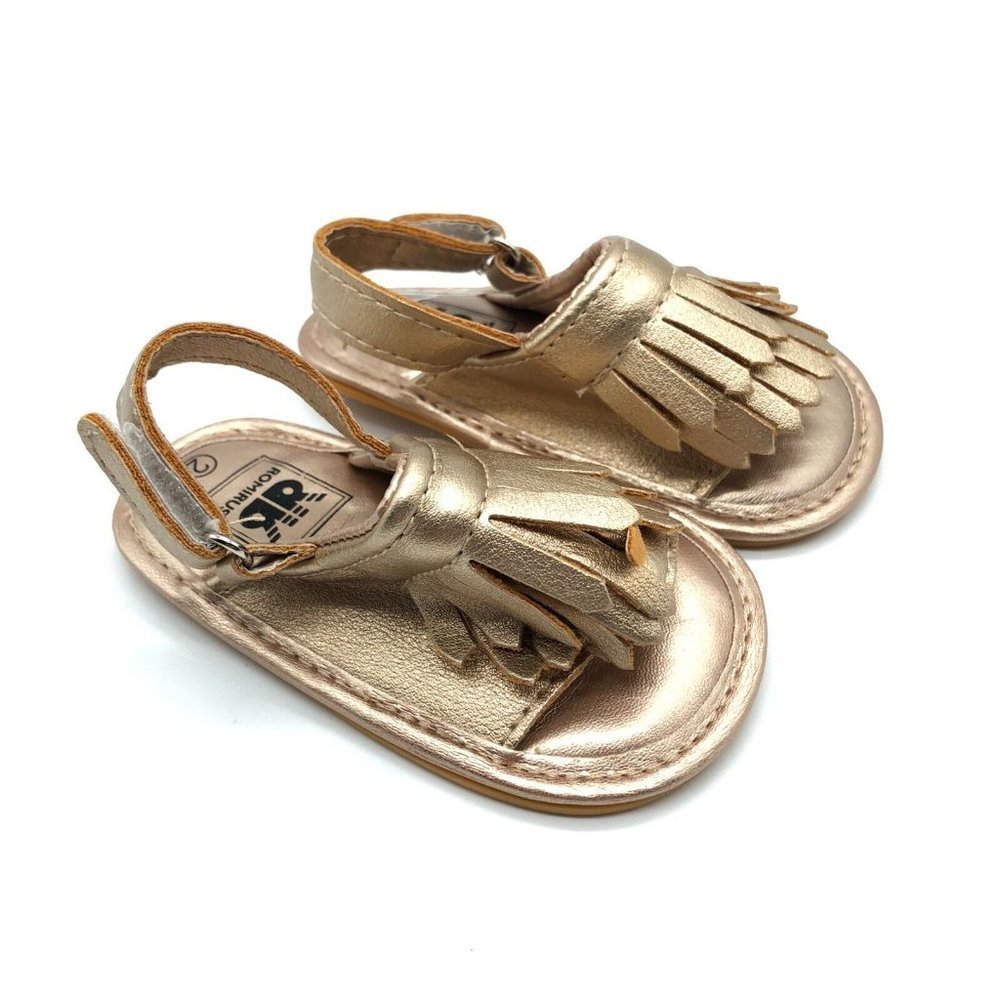 Romirus Baby Girls Sandals Faux Leather Fringe Gold Size 2 6-12M